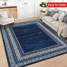 1pc Luxury Modern Navy Blue Floral Border Design Area Rug - Non-Shedding, Easy Clean, 800g Fine Worsted Wool + TPR Washable Bottom, Suitable For Living Room, Bedroom, Kitchen, Bathroom, Soft & Fluffy All Season Large Size Mat, Home Decor - Multicolor - View 2