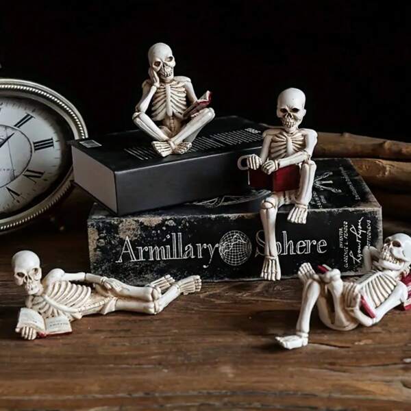 Funny Skeleton Reading Statues – Gothic Halloween Book Lover Decor For Shelf, Study, Dorm Room Or Office Display
