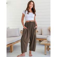 TARSE Womens Linen Wide Leg Pants Oversize Casual Loose Beach Palazzo Harem Pants With Pockets Summer Outfit # 6 - 達斯蒂羅斯 - 查看 4
