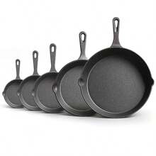 Senmeo 1PC 5-Piece Professional Cast Iron Set (12"/10"/8"/6"/Grill Pan) - Pre-Seasoned Black ,Even Heat Distribution , Induction Stove Compatible For Steak/Pizza/Saute - Black - View 1