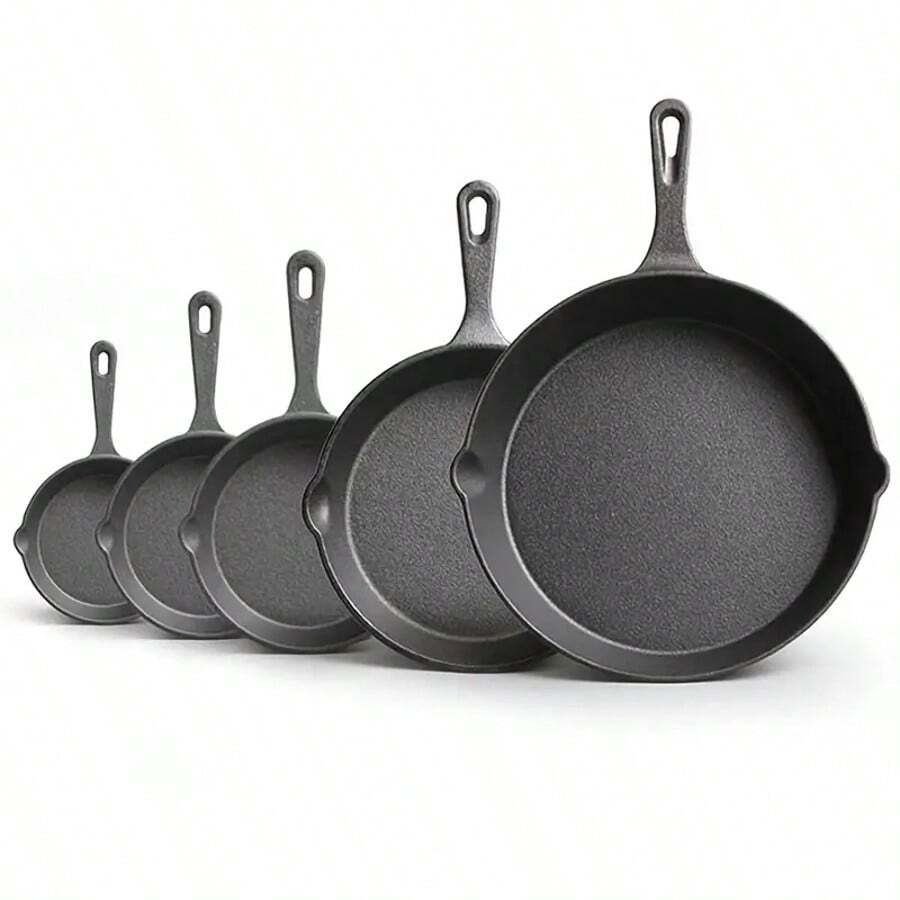 Senmeo 1PC 5-Piece Professional Cast Iron Set (12"/10"/8"/6"/Grill Pan) - Pre-Seasoned Black ,Even Heat Distribution , Induction Stove Compatible For Steak/Pizza/Saute - Black - View 1