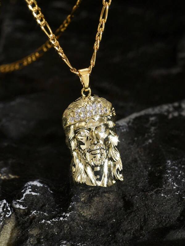 A Men's Protective Necklace With A Large-Sized Zirconia Pendant And A Design Of Jesus' Head,Jesus Pendant Pendant With Christian Elements For Both Men And Women