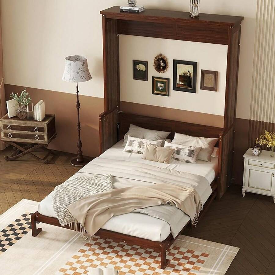 KEIKI Queen Size Murphy Bed With Desk, Wood Horizontal Wall Bed Cabinet With Gas Struts, Space-Saving Folding Bed For Guest Room, Bedroom, Living Room, Walnut - 棕色 - 查看 1