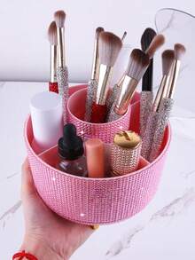 1pc Rotating Nail Brush Makeup Brush Organizer, Nail Art Tool Storage Rack, Tabletop Vanity Eyeshadow Brush Lipstick Holder With Diamond Lining - Multicolor - View 4