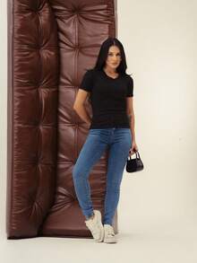 Blouse Women's Blouse Ribbed Fabric Round Neck Short Sleeve Soft Comfortable Slim Everyday Casual Work Brown Black White Beige - 黑色 - 查看 1