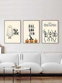 3pcs Halloween Canvas Wall Arts Set - Vibrant Skull & Pumpkin Prints , Frameless Polyester Posters, Perfect For Living Room, Bedroom, Hallway Decor, Halloween Decorations, Perfect For Fall Room Decor Home Decor Fall Decor