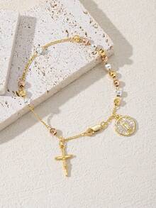 1pc 2025 New S925 Silver Hypoallergenic Triple-Tone Electroplated Handcrafted Guadalupe Virgin Mary Cross Jesus Christ Rosary Bracelet, Comes With Luxury Drawer Gift Box & Carrier Bag, Suitable For Mother/Valentine's Day Couples/Friends/Devotees, Catholic First Communion, Daily Wear & Prayers