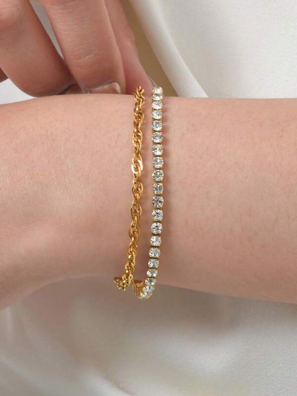 1pc Minimalist Fashionable Cubic Zirconia Golden Tennis Double Layer Bracelet For Women