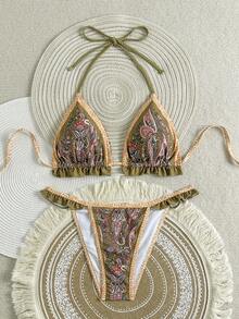 Women's Sexy Spaghetti Strap Paisley Print Ruffle Trim Bikini Set, High Stretch Swimwear, Cute 2 Pieces Swimsuit - Brown - View 2