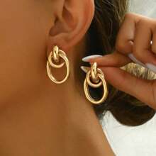 1pair Fashionable Gold Tone Metal Multi-Turn Knotted Design Stud Earrings For Women, Double Hoop Studs, Statement Dangling Earrings, Unique Earrings.(The Color Of The Product May Vary Slightly Under Different Displays/Lighting Conditions)