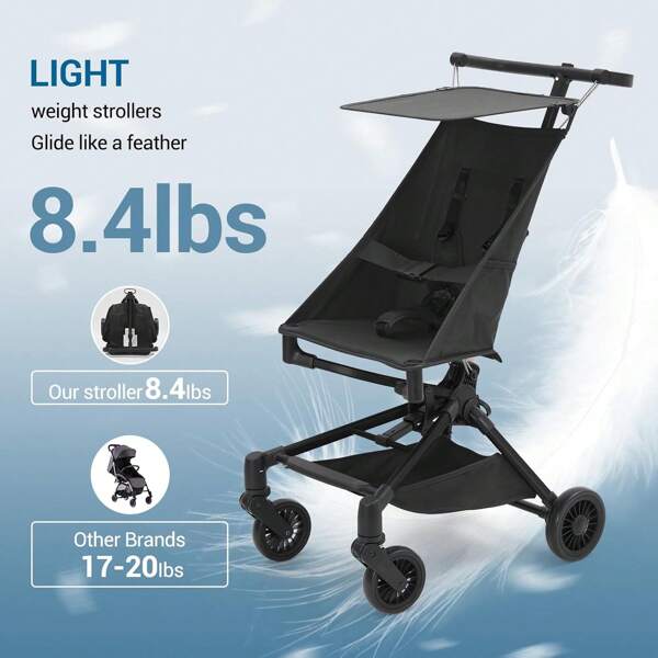 Kompakter Kinderwagen für Reisen - Flugzeugtauglicher Babywagen mit Tragetasche, verstellbarem Sonnendach, 360° Schwenkrädern & 3-Punkt-Sicherheitsgurt (67,8 x 45 x 97 cm)
