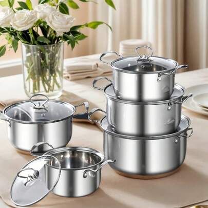 10pcs Stainless Steel Cookware Set, Stainless Steel Pot Set, Pot Set Includes Soup Pot, Frying Pan, Sauce Pan, Glass Lid, Can Be Used On Induction Cooker, Electric Stove And Gas Stove, Home Kitchen Cookware Set,Halloween Gifts