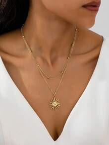2pcs Sun Pendant Beaded Double Layer Chain Necklace - Gold - View 3