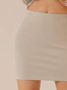 Women's Basic High Waisted Pencil Bodycon Short Skirt - Light Khaki - View 4