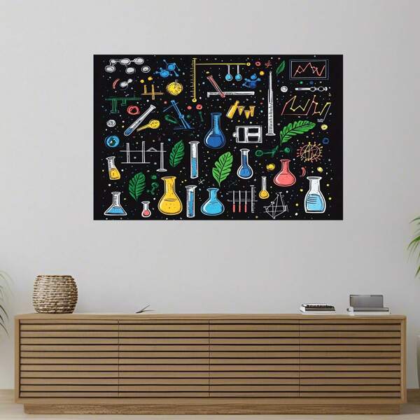 1pc Science Theme Blackboard Wall Sticker - Educational Decor Wall Decal With Beaker, Test Tube, Lab Equipment And Chemical Symbols - For Birthday Party, Study Room, Game Room - No Electricity, Educational Decoration Made Of PVC Self-Adhesive Material School Supplies,Back To School