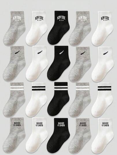 20/10/5 Pairs Kids Sports Socks, Classic Black/White/Gray Children Socks With New York, Good Vibes Letter Patterns, Skin-Friendly Soft Comfortable Breathable Fashionable Casual Crew Socks, Suitable For Back To School, Holidays, Outdoor Sports, Travel, Daily Matching, Random Color Delivery