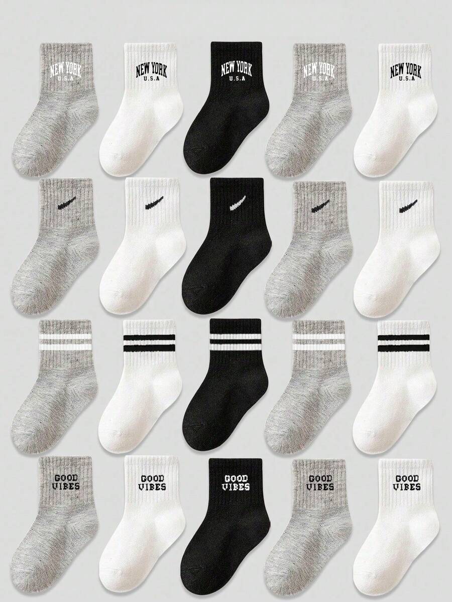 20/10/5 Pairs Kids Sports Socks, Classic Black/White/Gray Children Socks With New York, Good Vibes Letter Patterns, Skin-Friendly Soft Comfortable Breathable Fashionable Casual Crew Socks, Suitable For Back To School, Holidays, Outdoor Sports, Travel, Daily Matching, Random Color Delivery - Multicolor - View 1