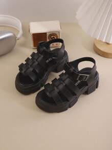 Summer New Round Toe Woven Decorative Design For Girls' Outdoor Sandals, Anti Slip , Fashionable And Generous Children's High Heels Roman Sandals