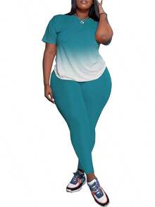 Women's Plus Size 2 Piece Outfits Tracksuits Short Sve Top Pants Sets Sweatsuits - 綠松石漸層 - 查看 3