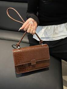 Vintage Solid Color Metal Lock Closure Simple Flap Underarm Women Shoulder Bag - Brown - View 3