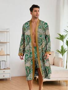 Green Fashion Men Print Bathrobe Set Long Robe Shorts Homewear Sleepwear 2pcs Set - 綠色 - 查看 3