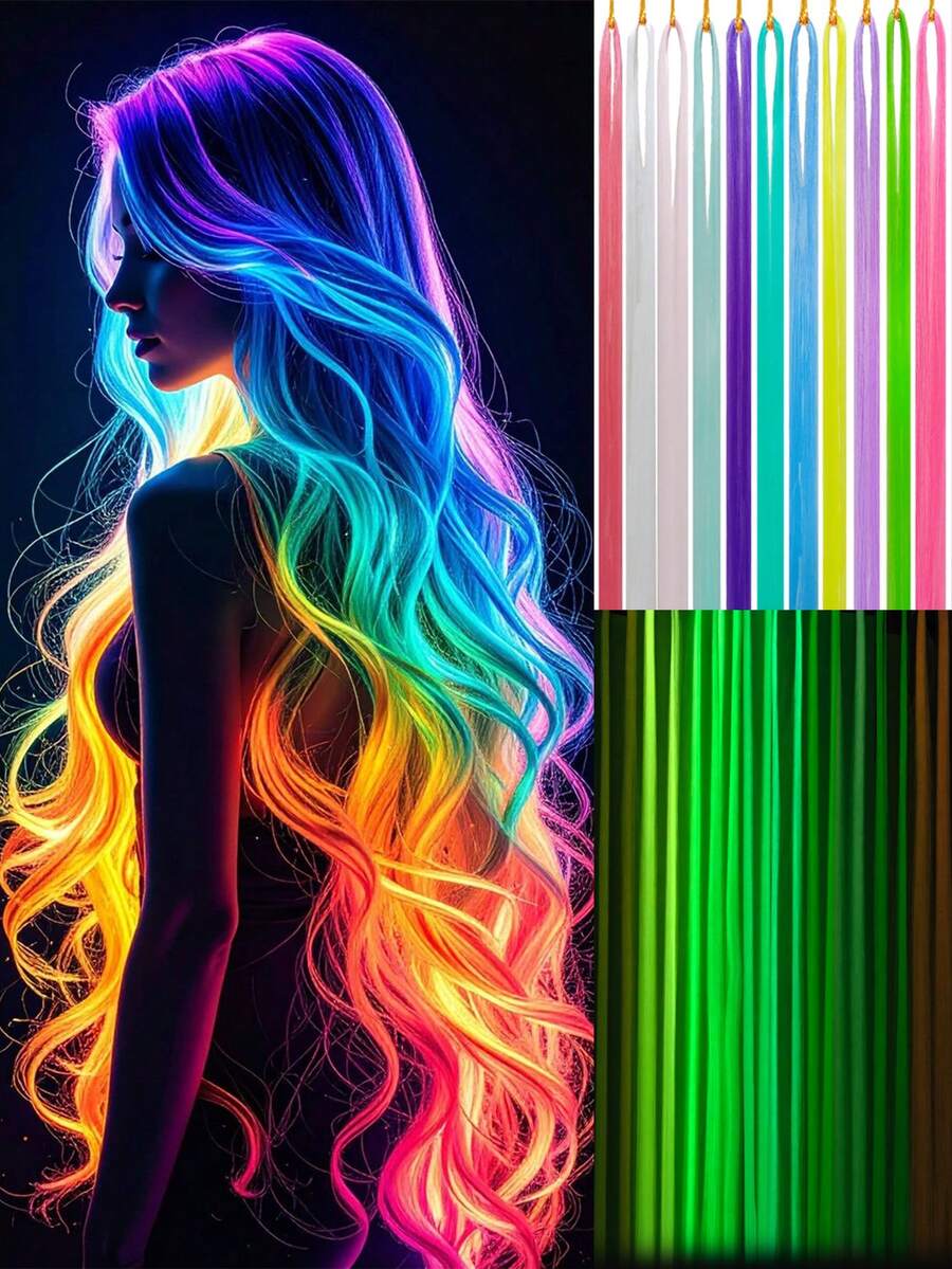 11 件 Y2K 夜光接发 48 英寸 11 色合成直发夜光发片霓虹发饰适合女性女孩派对节日和万圣节新年使用 - 彩色 - 查看 1