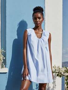 Women's V Neck Tank Dress Sleeveless Solid Color Loose Beach Dresses With Pocket - 藍色 - 查看 9
