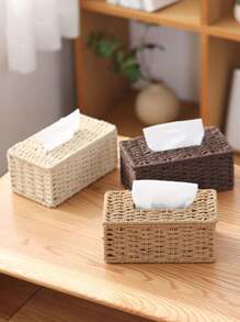 1pc Hand-Woven Tissue Storage Box, Multiple Colors Available, Rectangular Tissue Storage Box With Lid, Bohemian Style Decorative Hand-Woven Box, Tissue Storage Container For Bathroom, Bedroom, Bookshelf, Living Room, Home, Restaurant, Hotel, Modern And Simple Design.