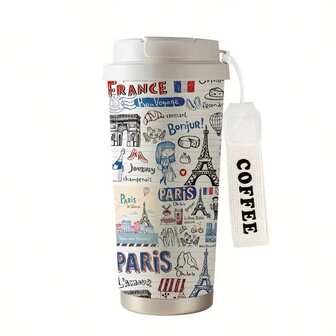 530ml 巴黎主题保温旅行杯，带吸管和手柄 - 充满活力的埃菲尔铁塔、蒙马特和法国符号设计 - 非常适合咖啡、茶或冷饮 - 适合家庭、办公室、运动和礼物、咖啡旅行杯、送给家人和朋友的礼物、圣诞礼物