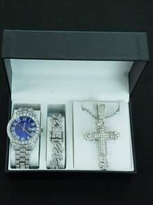 1 Set Confezione regalo uomo con ciondolo a croce 3D con catena intrecciata, bracciale con diamanti e orologio, regalo di moda di alta qualità personalizzato per amici