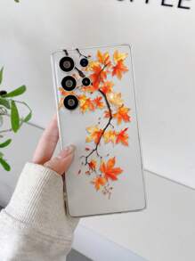 1 pieza Funda de teléfono de TPU transparente y suave con diseño minimalista retro de rama de árbol y hoja de arce, anti-caídas, anti-arañazos y anti-huellas dactilares, con protección para la lente de la cámara, compatible con Apple, Nothing, Pixel, INFINIX, Redmi