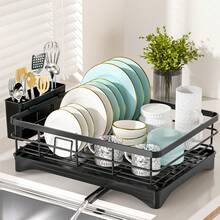 Dish Drainer,Single Layer Tableware Dish Rack,With Drip Tray,Dish Drying Rack With Removable Cutlery Holder,Sink Drainer Rack For Kitchen, Black - Black - View 4