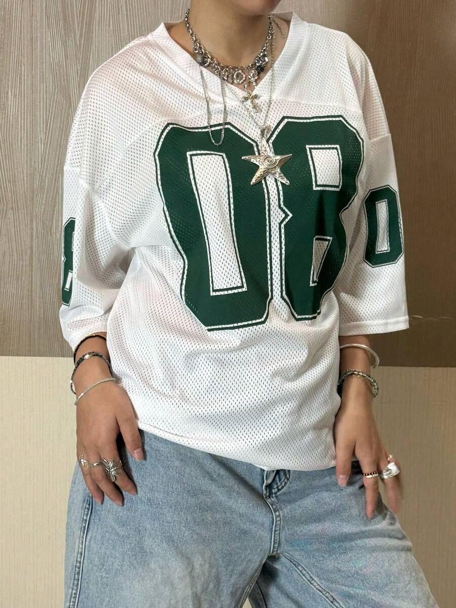 Womens Oversized Jersey T Shirts Summer 08 Number Printed V Neck Short Sleeve Loose Fit Mesh Tee Shirt Top Teen Girls Y2k Going Out Tops Coquette Clothes Streetwear - 白色 - 查看 1