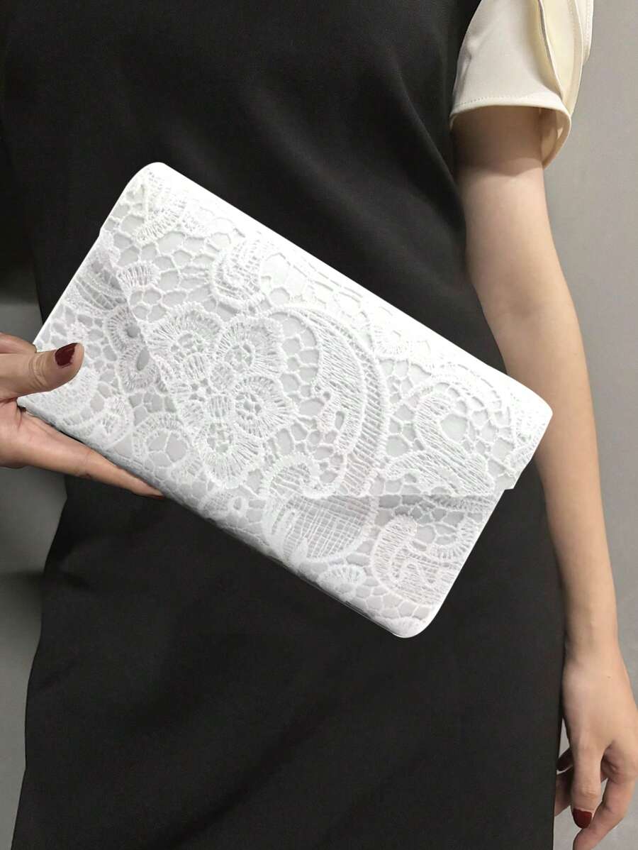 Satin Lace Trim Bride Wedding Evening Clutch Bag, French Chic Minimalist Solid Color Envelope Evening Clutch Purse For Women