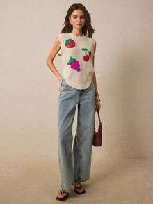 Owocowy swobodny materiał ściągaczowy z haftem Top na co dzień na lato