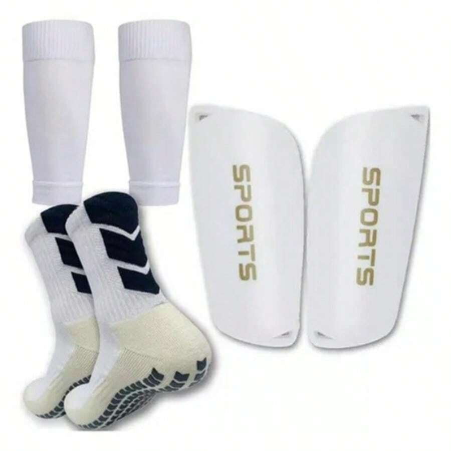 Non-Slip Socks With Shin Guards For Soccer - White - View 1