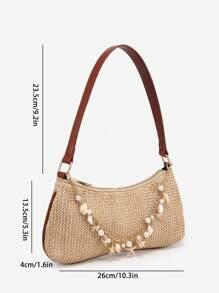 1pc Women's Retro Vacation Ocean Shell Pearl Woven Detachable Shoulder/Underarm Baguette Bag, Suitable For Date, Outing, Vacation