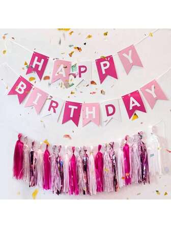 1 set de fanions en papier rose pour joyeux anniversaire, fanions décoratifs suspendus avec graphiques de lettres blanches modernes, convient pour les fêtes d'anniversaire, les fêtes roses, les fêtes papillon, les fêtes princesse, les fêtes licorne