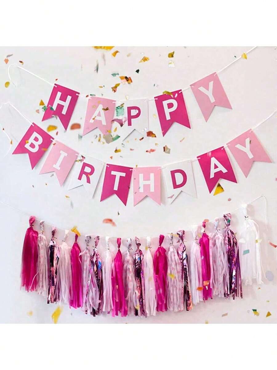 1 Set Pink Happy Birthday Paper Pennant Flag, Modern White Letter Graphic Hanging Flag Decor, Suitable For Birthday Party, Pink Party, Butterfly Party, Princess Party, Unicorn Party - Multicolor - View 1
