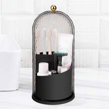 Toothbrush Holders With Sliding Lid, Rotating 3 Slots Bathroom Organizer Countertop, Tooth Brush Toothpaste Holder Bathroom Counter Stand Caddy For Vanity Makeup Brushes Holder (Black)