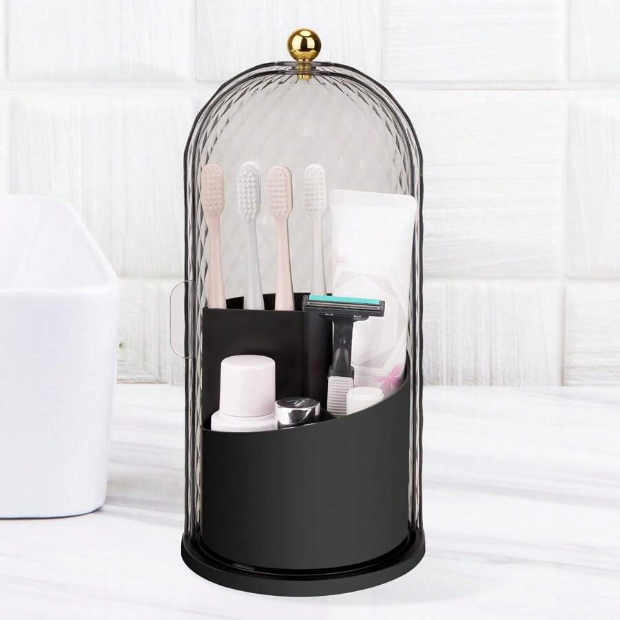 Toothbrush Holders With Sliding Lid, Rotating 3 Slots Bathroom Organizer Countertop, Tooth Brush Toothpaste Holder Bathroom Counter Stand Caddy For Vanity Makeup Brushes Holder (Black)