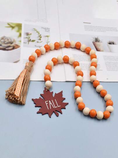 1件感恩节枫叶木珠花环，配黄麻绳和流苏 - 彩色橙白人造木珠，秋季主题装饰，适合DIY秋季家居装饰、季节性桌面和墙面挂饰、节日桌面装饰、色彩鲜艳的珠子设计，圣诞装饰品，家居圣诞礼物，圣诞装饰