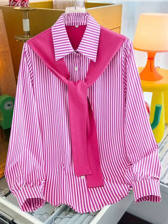 时尚女士休闲长袖条纹衬衫，可拆卸披肩领