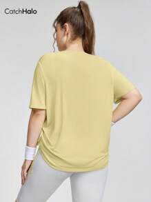 Catch Halo 4-Way Stretch Plus Size Women's Workout T-Shirt - Slim-Fit Short Sleeve & Crew Neck & Off-Shoulder & Cutout Shoulder Basic Solid Color Sport T-Shirt | Tummy Control Figure Contour Slimming Side Drawstring Gathered Waist | Breathable Lightweight Quick-Dry Buttery Soft Atheleisure Casual Workout Top For Yoga, Pilate, Running, Gym, Cheerleader (Cream Yellow, 0XL-3XL)