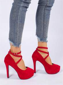 方头踝带细高跟鞋，防水厚底正装高跟鞋，欧式婚鞋，黑色礼服高跟鞋，简约订婚伴娘高跟鞋，纯色办公室鞋 - 熱烈紅色 - 查看 5