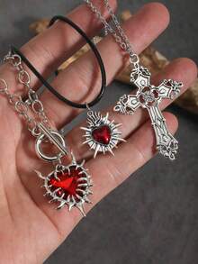 3pcs Gothic Style Necklace Set, Vintage Retro Cruel Thorns Heart Pendant Exaggerated Necklaces Personalized Dark Style, Versatile Accessory For Women - Red - View 3