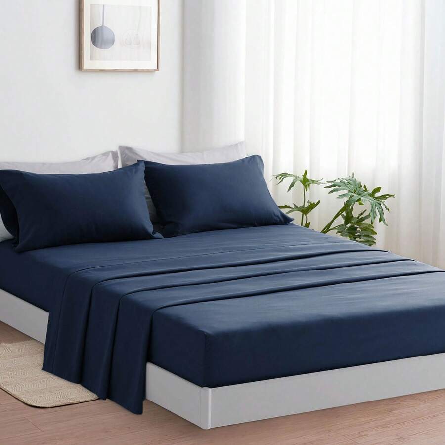 Juego de cama liso 3/4 piezas – Disponible para camas de 90/135/150/180 cm – 10 colores – Sábana bajera, encimera y funda/s de almohada – Suave, transpirable y fácil de lavar - Azul oscuro - Ver 1