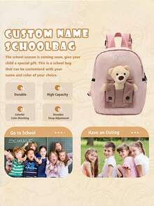 1 PIEZA Mochila infantil personalizada bordada, nombre bordado, múltiples colores y tipos de letra, mochila de osito, colores bordados disponibles, texto bordado mochila de jardín de infantes, mochila de regreso a clases, oso de peluche de dibujos animados - Multicolor - Ver 7
