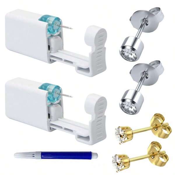 Kit de piercing de orelha descartável com 2 peças, brincos embutidos e 2 peças de brincos de zircônia - pistola de piercing de orelha hipoalergênica para autoperfuração em casa