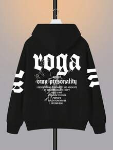 Plus Size Men's Thermal Lined Sweatshirt, Warm And Windproof, Creative Letter & Graphic Print, Suitable For Autumn/Winter, Long Sleeve Top - Black - View 2